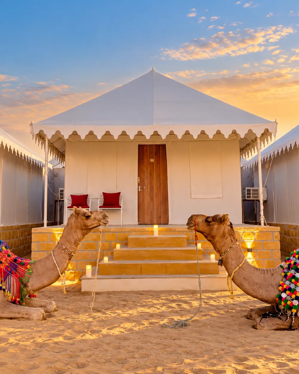 Swiss tents with camels at Camp Jaisalmer Inn