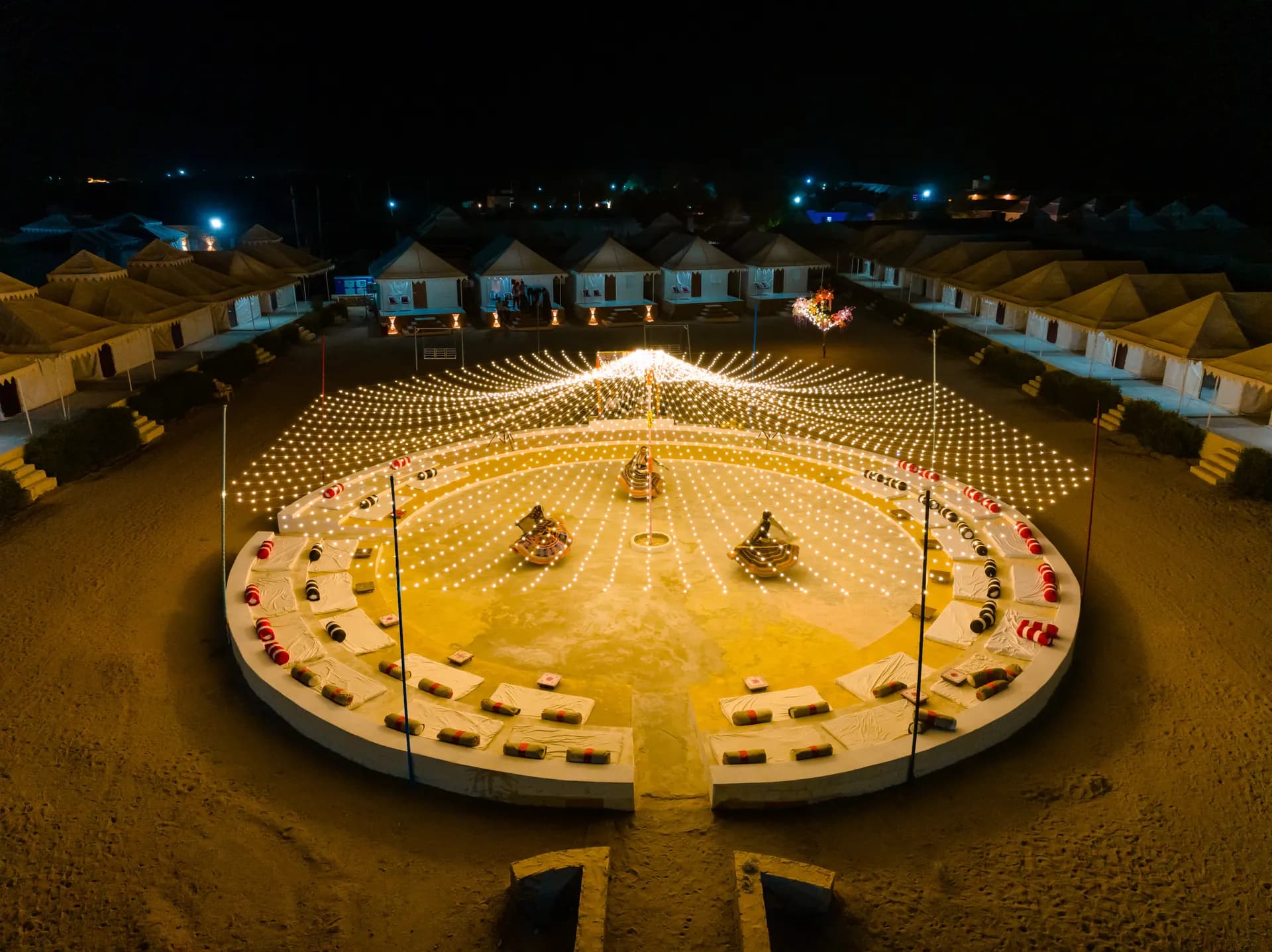 Aerial view of the camp arena at night